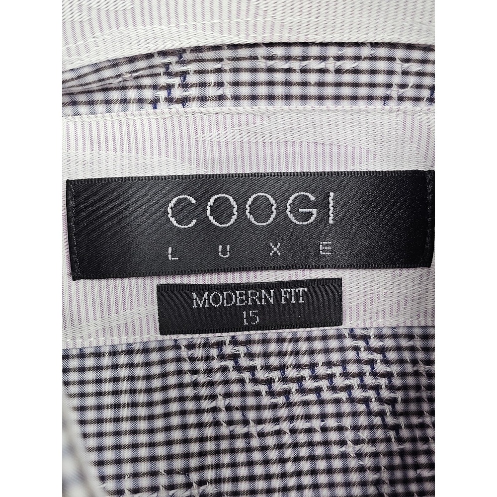 Coogi Luxe Dress Shirt Mens 15 Black White Gingham Modern Fit Embroidered Crest - Picture 3 of 9